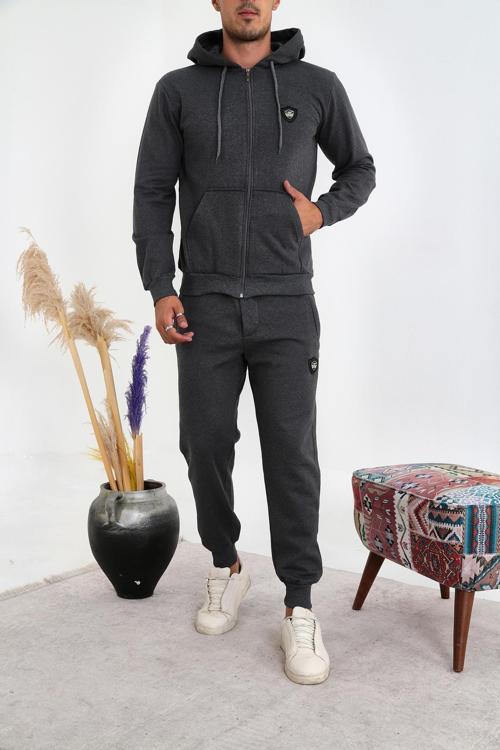 PİTCHER 3 İplik Fermuarlı Kanguru Cep Eşofman Takım - Füme