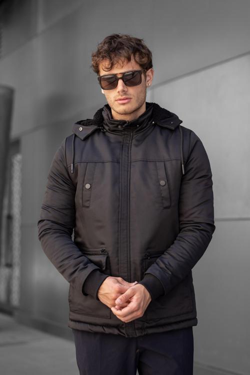 MONTANO Su Geçirmez Kürklü Kapüşonlu Erkek Mont - Siyah