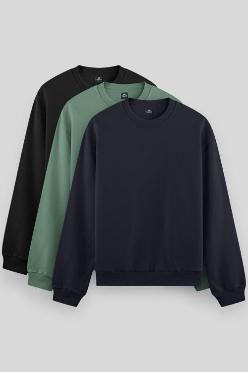 Standart Fit Basic O Yaka 3lü Paket Siyah-Lacivert-Çağla Erkek Sweatshirt 88053