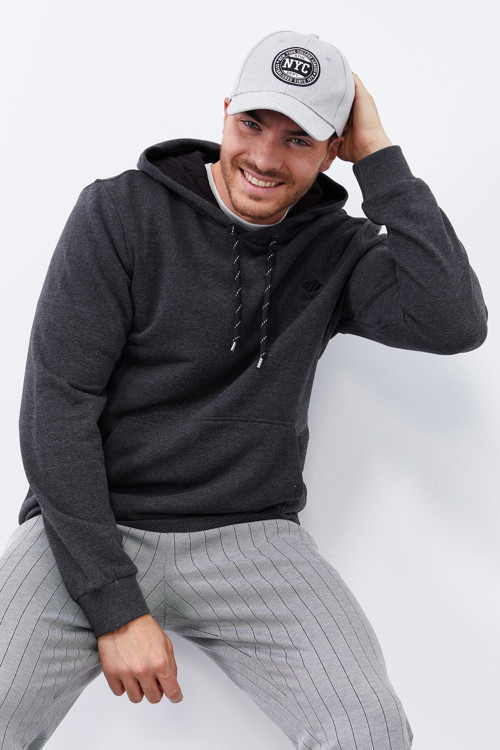 Antrasit Melanj Kanguru Cep Standart Kalıp Kapüşonlu Erkek Sweatshirt - 87872