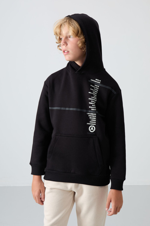 Siyah Pamuklu Kalın İçi Tüylü Yumuşak Dokulu Standart Fit Baskılı Erkek Çocuk Sweatshirt - 11239