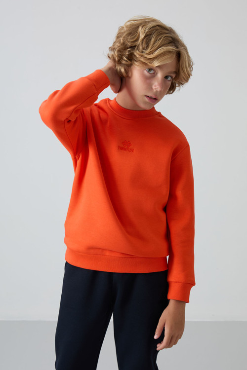 Portakal Pamuklu Kalın İçi Tüylü Yumuşak Dokulu Standart Fit Nakışlı Erkek Çocuk Sweatshirt - 11232