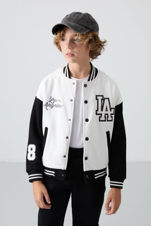 Ekru Pamuklu Kalın İçi Tüylü Yumuşak Dokulu Standart Fit Nakışlı Erkek Çocuk Kolej Ceket - 11258