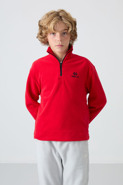 Kırmızı Kalın Yumuşak Dokulu Standart Fit Nakışlı Polar Erkek Çocuk Sweatshirt - 11221