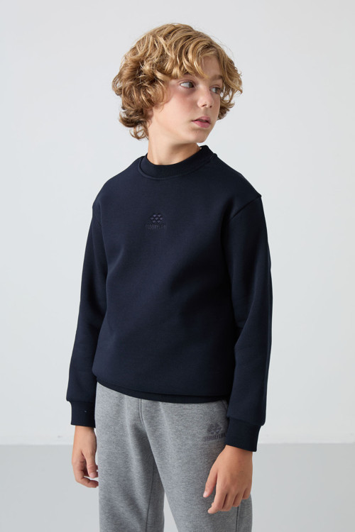 Lacivert Pamuklu Kalın İçi Tüylü Yumuşak Dokulu Standart Fit Nakışlı Erkek Çocuk Sweatshirt - 11232