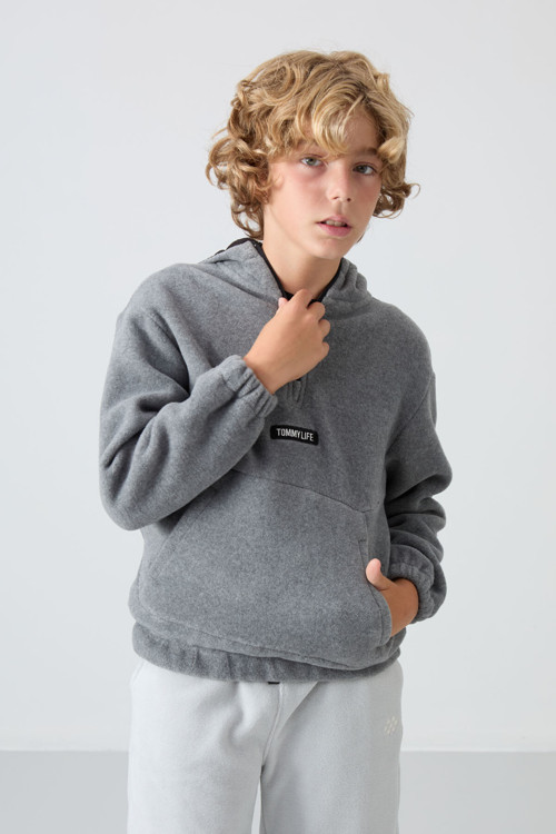 Gri Melanj Kalın Yumuşak Dokulu Standart Fit Nakışlı Polar Erkek Çocuk Sweatshirt - 11230
