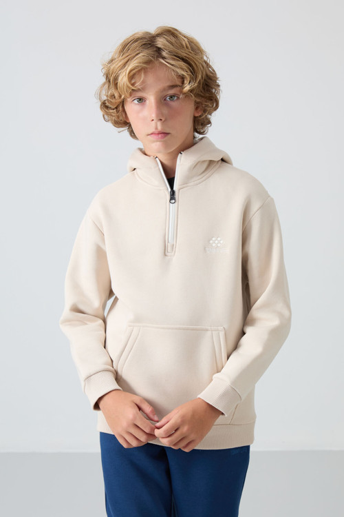 Bej Pamuklu Kalın İçi Tüylü Yumuşak Dokulu Standart Fit Nakışlı Erkek Çocuk Sweatshirt - 11244