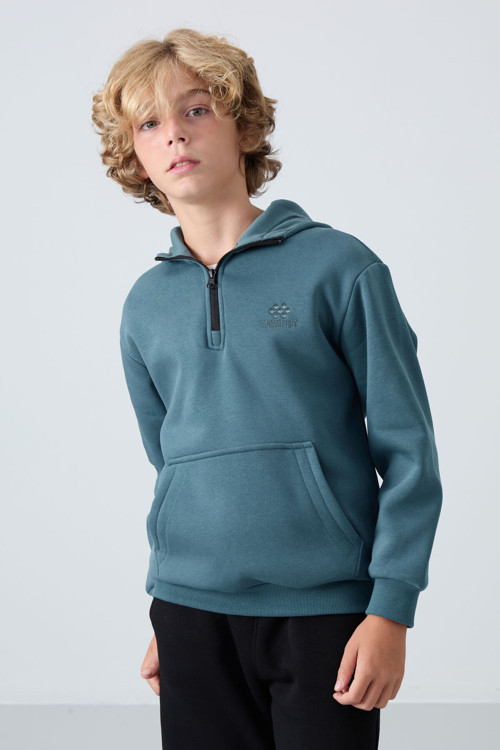 Orman Yeşil Pamuklu Kalın İçi Tüylü Standart Fit Nakışlı Erkek Çocuk Sweatshirt - 11244