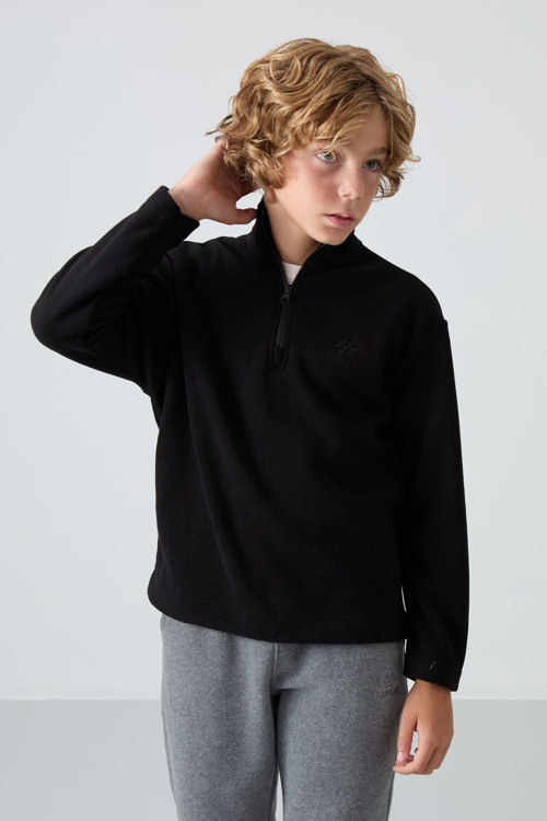 Siyah Kalın Yumuşak Dokulu Standart Fit Nakışlı Polar Erkek Çocuk Sweatshirt - 11221