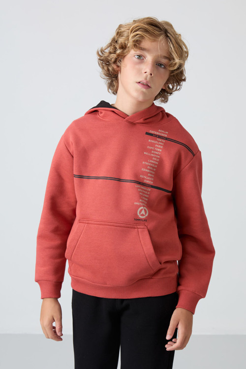 Kiremit Pamuklu Kalın İçi Tüylü Yumuşak Dokulu Standart Fit Baskılı Erkek Çocuk Sweatshirt - 11239