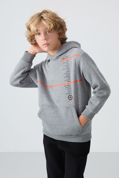 Gri Melanj Pamuklu Kalın İçi Tüylü Standart Fit Baskılı Erkek Çocuk Sweatshirt - 11239