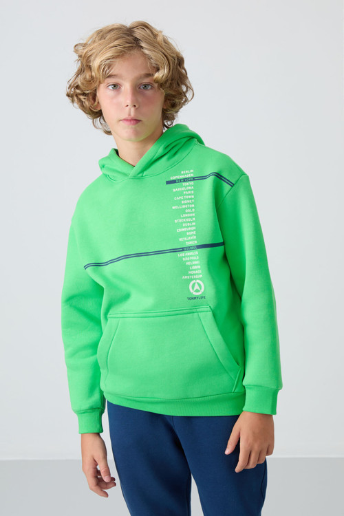 Neon Yeşil Pamuklu Kalın İçi Tüylü Standart Fit Baskılı Erkek Çocuk Sweatshirt - 11239