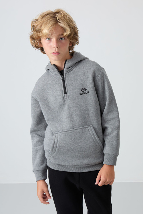 Gri Melanj Pamuklu Kalın İçi Tüylü Standart Fit Nakışlı Erkek Çocuk Sweatshirt - 11244