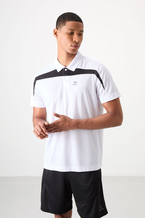 Beyaz Nefes Alan Dokulu İnce Esnek Standart Fit Polo Yaka Erkek Performans T-Shirt - 88392