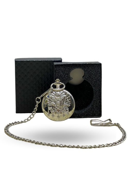 Büro Ev Ofis Hediyesi için Kutulu Silver Osmanlı Devlet Armalı Köstekli Saat