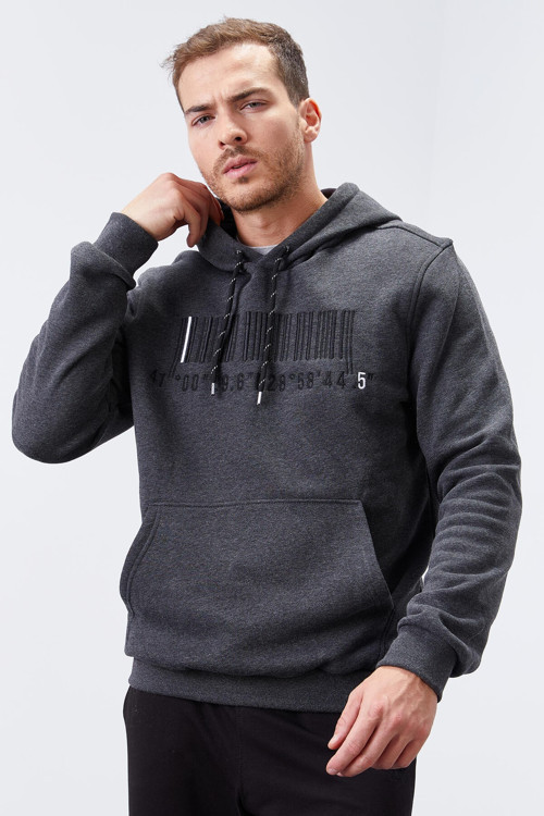 Antrasit Melanj Nakışlı Kanguru Cep Standart Kalıp Kapüşonlu Erkek Sweatshirt - 87839