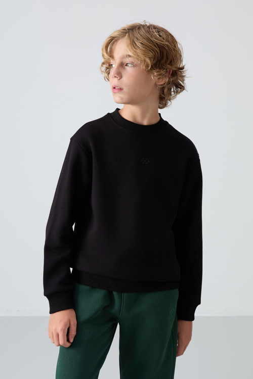 Siyah Pamuklu Kalın İçi Tüylü Yumuşak Dokulu Standart Fit Nakışlı Erkek Çocuk Sweatshirt - 11232