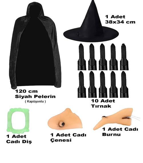 Büro Ev Ofis Gösteri Kostümü için 120CM Kapüşonlu Pelerin Tırnak Diş Çene Burun Şapka Seti