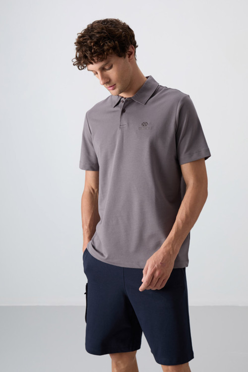 Koyu Gri Pamuklu Kalın Yumuşak Dokulu Standart Fit Basic Polo Yaka Erkek T-Shirt - 88348