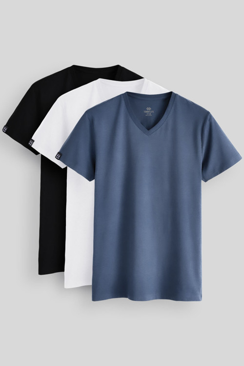 Standart Fit Basic V Yaka3lü Paket Siyah-Beyaz-Petrol Erkek T-Shirt87912