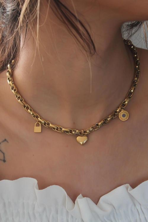 Çelik Gold Renk Kalın Zincir Model Kalp Figür Kadın Kolye