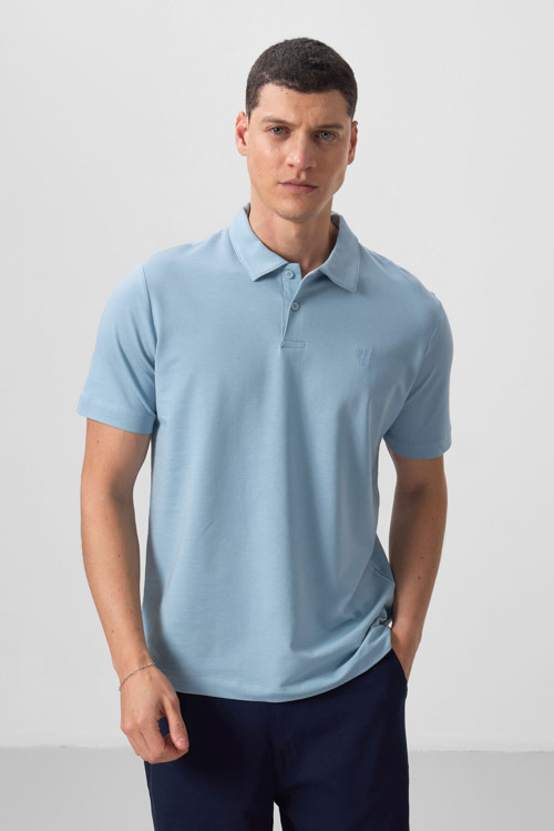 Buz Mavi Standart Kalıp Basic Polo Yaka Erkek T-Shirt - 87768