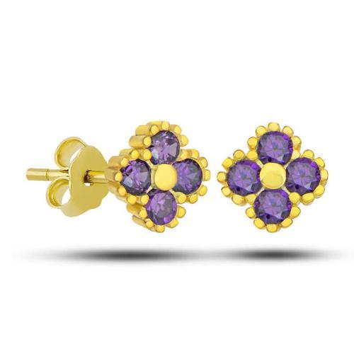 Gümüş Gold Yonca Çivili Mor Taşlı Çocuk Küpe (BC-205B12)