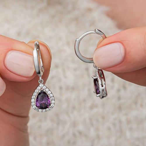 Gümüş Mor Zirkon Taşlı Damla Kadın Küpe (BC-421849)