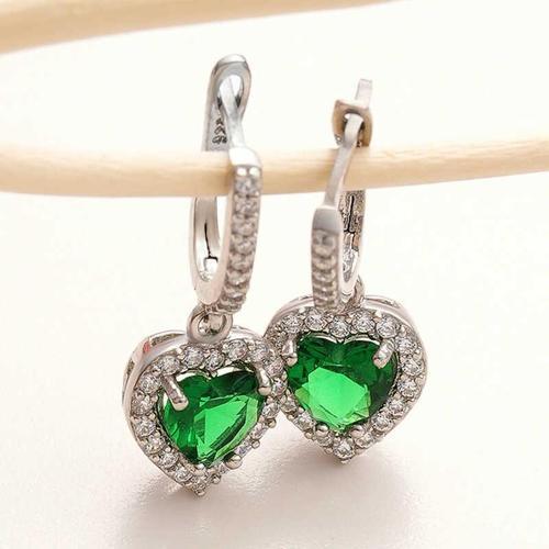 Gümüş Yeşil Taşlı Kalpli Kadın Küpe (BC-DFAE3F)