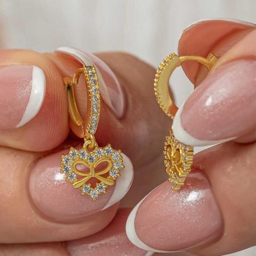 Gümüş Gold Kalp Kurdele Sallantılı Kadın Küpe (BC-CF6910)