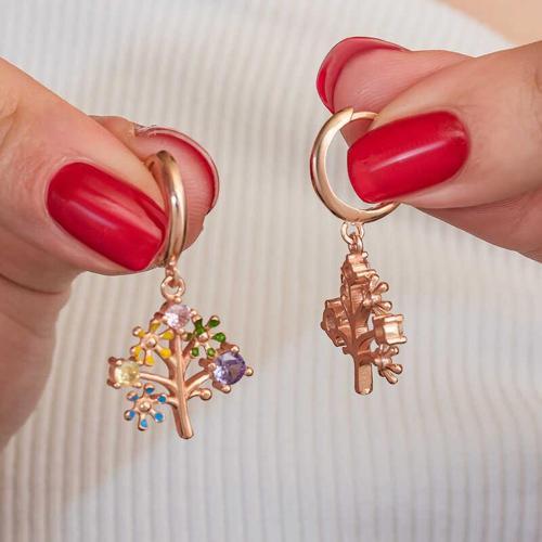 Gümüş Rose Renkli Taşlı Hayat Ağacı Kadın Küpe (BC-BD8D68)