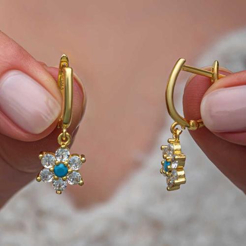 Gümüş Mavi Taşlı Gold Çiçek Kadın Küpe (BC-22D75D)