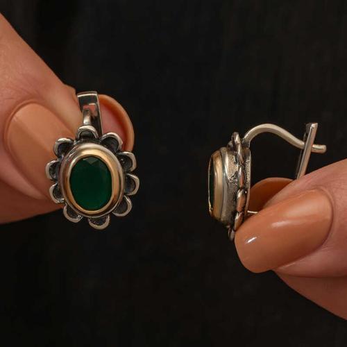 Gümüş Yeşil Çiçek Desenli Otantik Kadın Küpe (BC-379D9F)