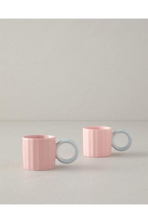 Angled New Bone China Kahve Fincan Takımı Açık Pembe
