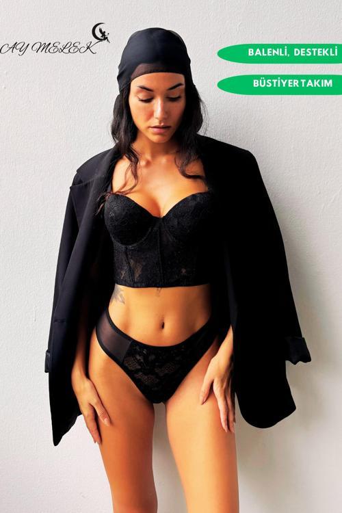 Destekli Simli Bustiyer Takım B Kap Balenli Transparan Tasarım