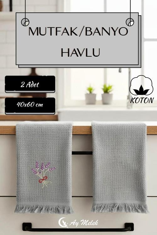 Mutfak Ve Banyo Havlusu 2`Li %100 Pamuklu Nakışlı El Havlusu