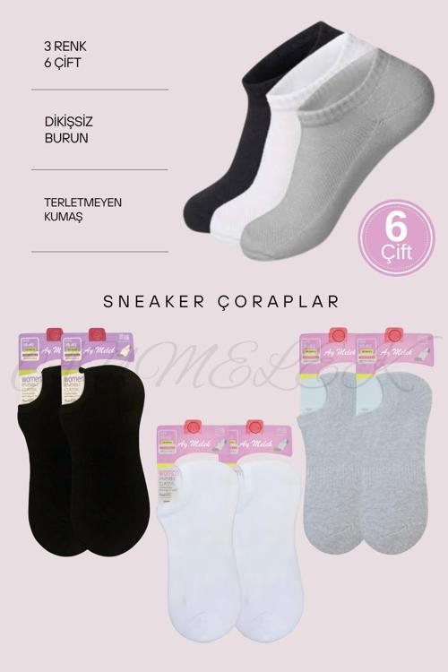 Kadın Kısa Çorap 6 Çift Pamuklu Penye Likralı Sneakers Görünmez Çorap