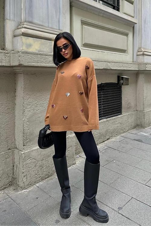 Molly Kalp Desenli Triko Örme Kazak -CAMEL