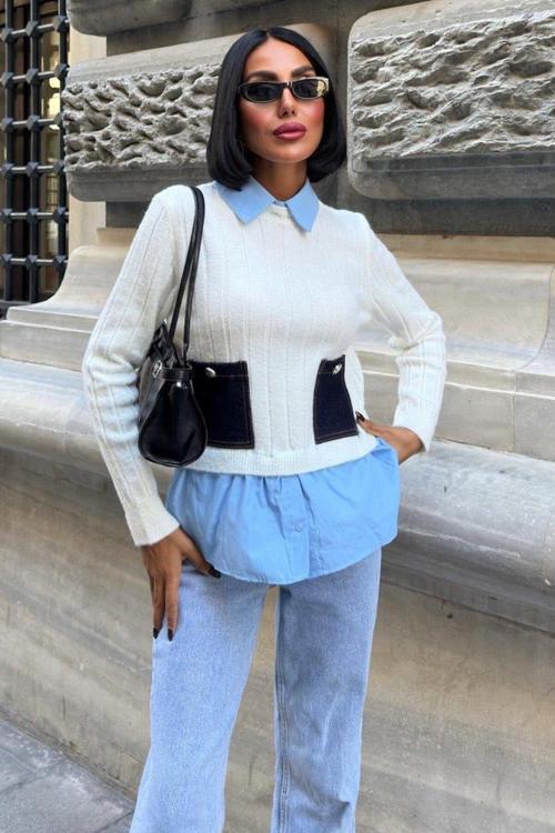 Poplin ve Denim Garnili Triko Kazak -EKRU