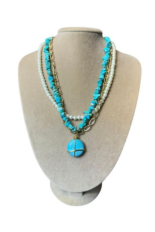 - Özlem 9422 9730 El Yapımı Zincir Detaylı Turkuaz Doğal Taşı ve İncili Kolye