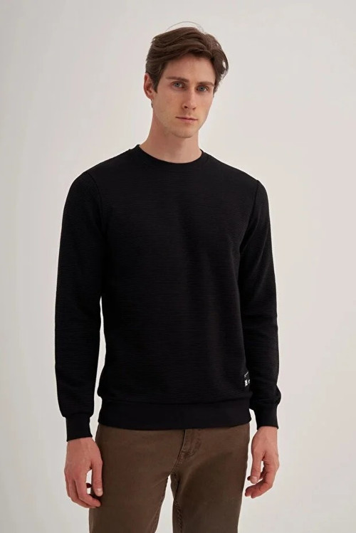 Slim Fit İnce Çizgili Ottoman Pamuk Karışımlı Sweatshirt-52470