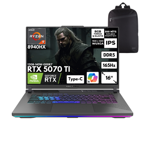 ROG Strix G16 Ryzen 9-8940HX 64GB 2 TBSSD RTX5070TI (12GB) 16" WUXGA Freedos + S. Çantası G614PR-RV051HMF6