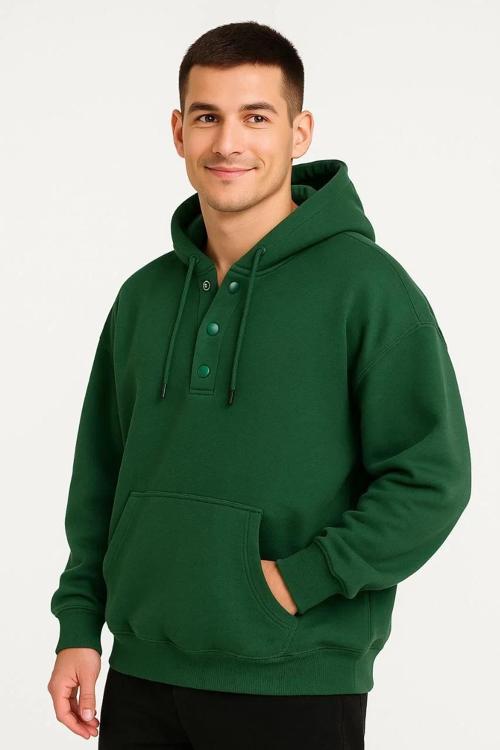 Erkek Ovarsize Kapüşonlu Swetshirt Kanguru Çepli Cıtcıtlı 3 iplik Şardonlu Hoodie - Haki