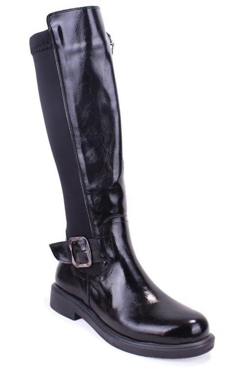 DZA07-8965545 Siyah Kırışık Rugan Streçli Düz Topuklu Kadın Çizme