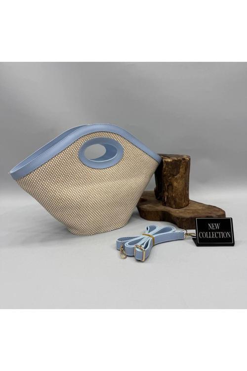 Kadın MAVİ Deri Detaylı. Hasır, Bölmeli, Geniş İç Hacimli, Fermuarlı, El ve Omuz Çantası OT00084