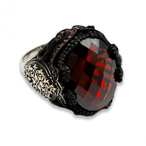 Gümüş Erkek Kırmızı Taşlı Damask Desen Yüzük