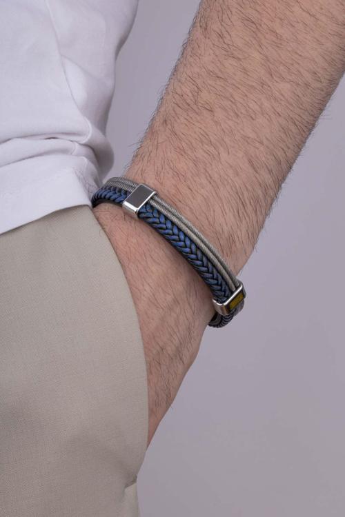 Lacivert Örgü Gri Detaylı Çift Renk Erkek Deri Bileklik