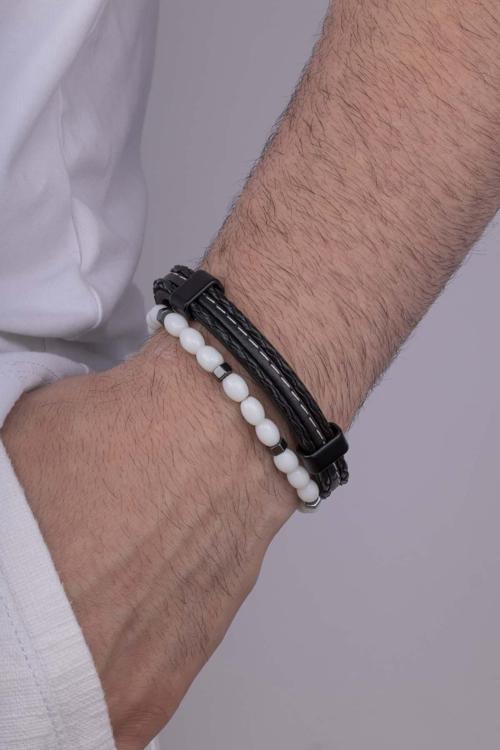 Beyaz Jade Taşı Dikişli Deri Erkek Bileklik Kombini