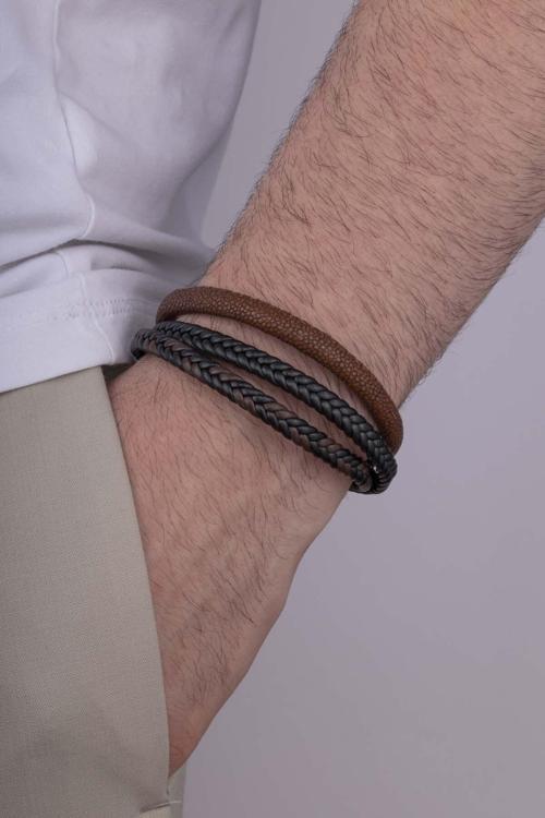 Kahve Geçişli 3 Parçalı Erkek Deri Bileklik