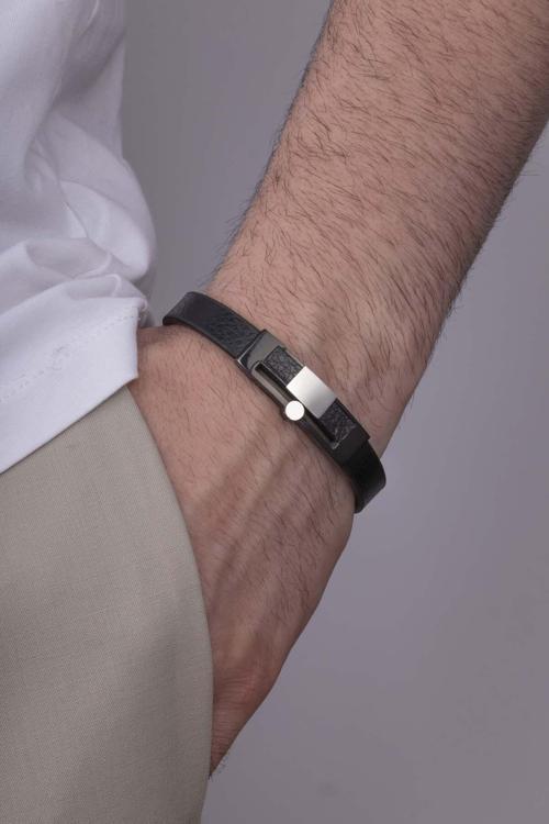 Çelik Aparatlı Çift Renk Klasik Model Erkek Deri Bileklik